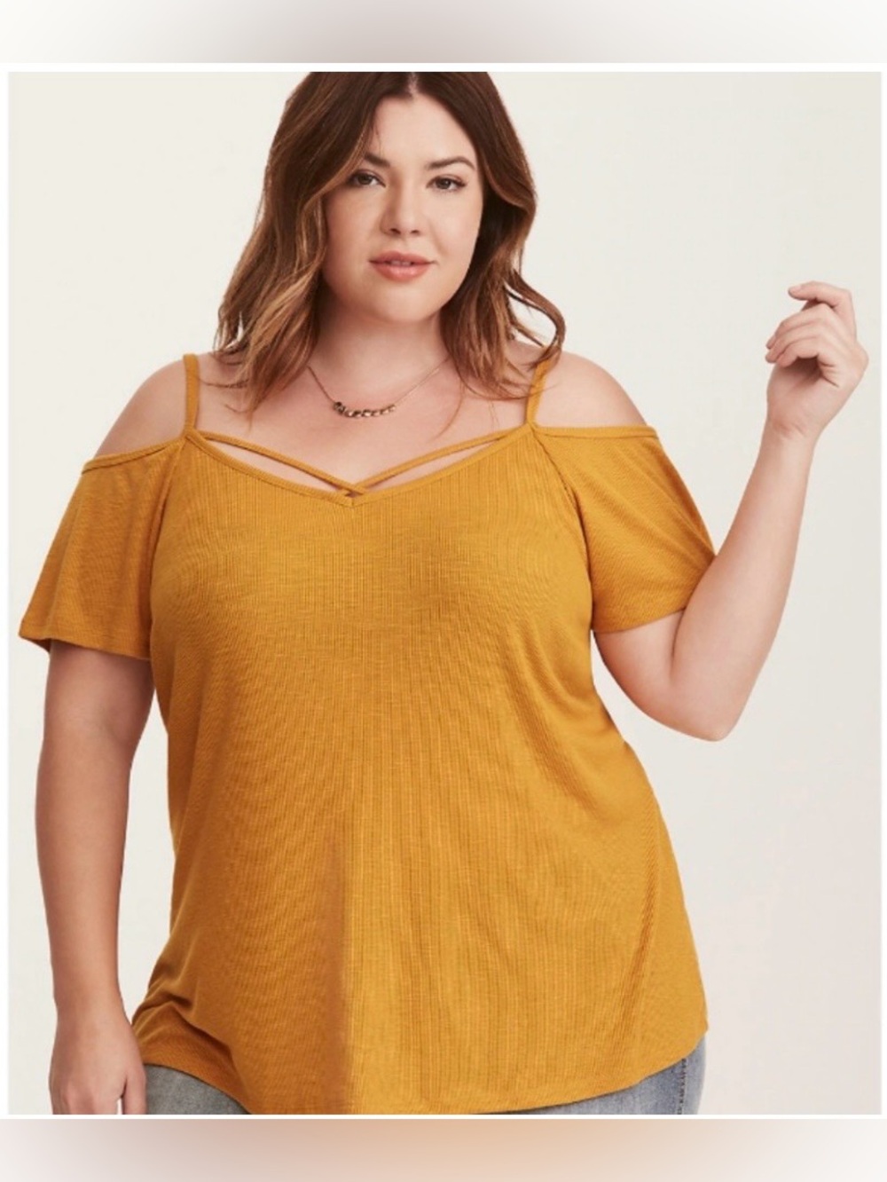 NWOT Torrid 0 Ribbed Cold Shoulder Mustard Yellow Gold Top Adjustable Straps